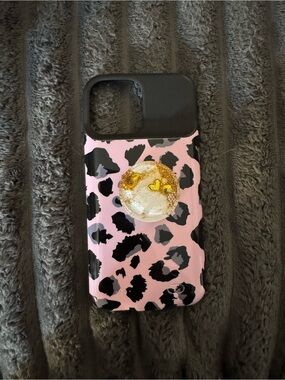 Apple Pink Leopard Print Phone Case with Gold Glitter Pop Grip